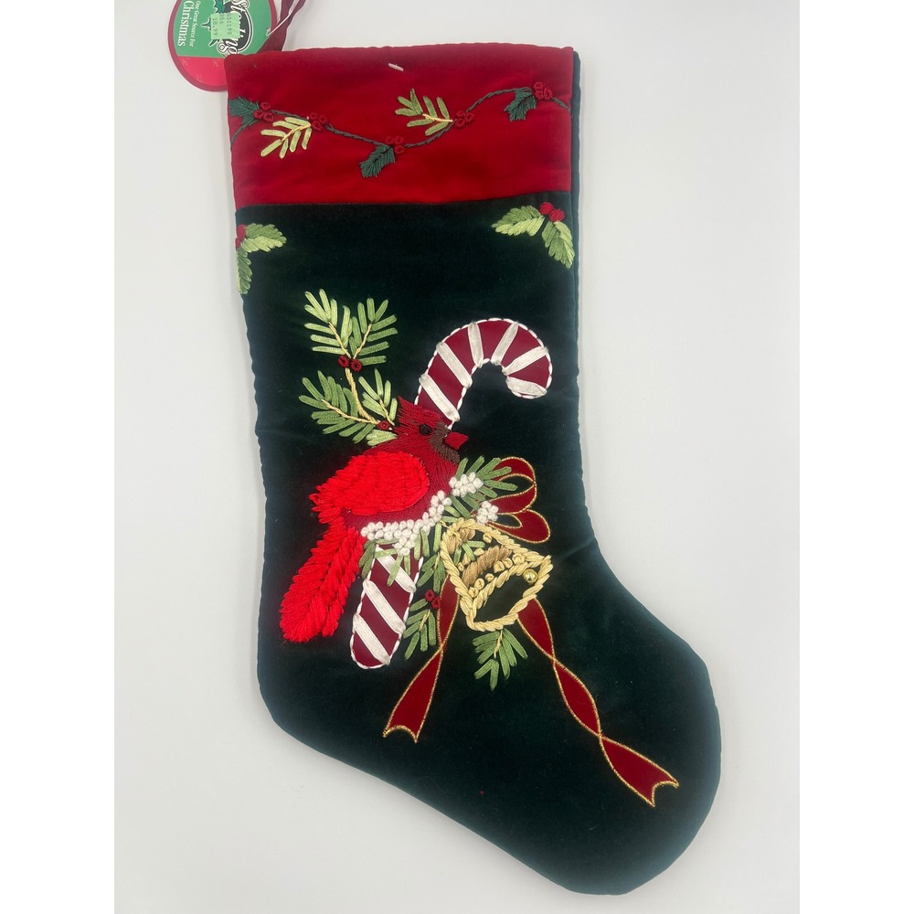 Sterling Christmas Stocking Green Red Velvet Cardinal Candy Cane Embroidered VTG